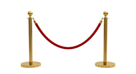 Elegant golden stanchions with red velvet rope barrier isolated on transparent background