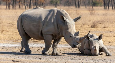 Obraz premium Majestic white rhinoceros cow tending to her resting calf in the African savanna
