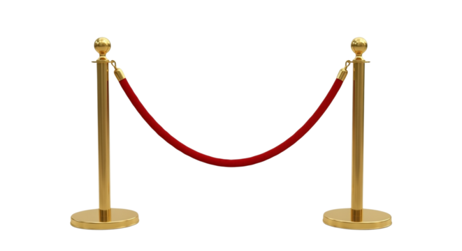 Elegant golden stanchions with red velvet rope barrier isolated on transparent background