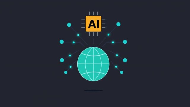 Looping AI global network animation with neural connections orbiting a digital globe. Flat vector style with alpha channel transparency for seamless overlay in UI, tech videos. 