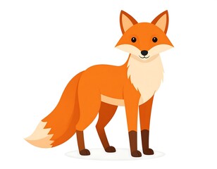 Obraz premium Animated cartoon fox standing on white background, facing forward. Its coat is orange, with a bushy tail