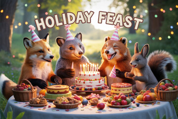 Fototapeta premium Enchanting woodland creatures celebrating a festive holiday feast with cake and berries in a magical forest setting, perfect for children's books and whimsical designs