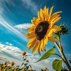 Bright sunflower blooming under blue sky with scattered white clouds