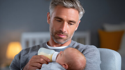Man feeding baby with bottle, tender moment, indoor, family care, love and bonding