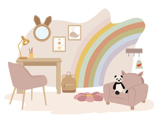 Cute kids study corner with rainbow wall, desk and armchair. Cozy modern vector illustration for children home interior