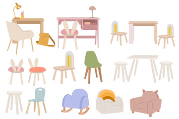 Kids chairs, tables and desks vector set. Modern children furniture collection for playroom and nursery interior design.