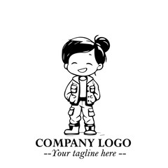 Black and White Chibi Girl Standing in Jacket, Pants, and Boots. Simple Bold Vector Illustration
