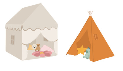 Kids play tents and teepees vector set. Cozy playroom illustration with soft pastel colors for nursery and children interior design