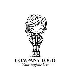 Black and White Chibi Girl Standing in Jacket, Pants, and Boots. Simple Bold Vector Illustration
