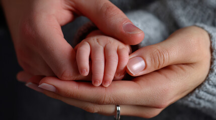 Newborn hand held gently by adult hand showing care and warmth in close up image