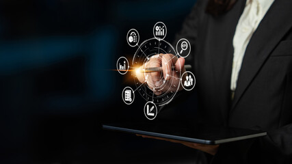 KPI icons show performance metrics, goals, and achievement measurement. KPI helps business track...