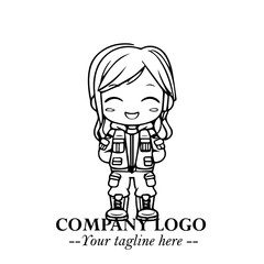 Black and White Chibi Girl Standing in Jacket, Pants, and Boots. Simple Bold Vector Illustration
