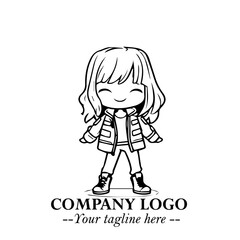 Black and White Chibi Girl Standing in Jacket, Pants, and Boots. Simple Bold Vector Illustration
