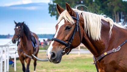 Two horses at a race track