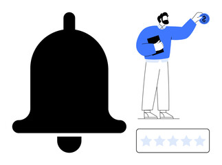 Large notification bell, man holding tablet and coin, and star rating box. Ideal for business updates, alerts, feedback, customer engagement, digital marketing teamwork communication. Simple flat