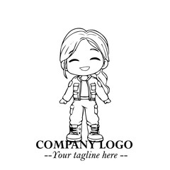 Black and White Chibi Girl Standing in Jacket, Pants, and Boots. Simple Bold Vector Illustration
