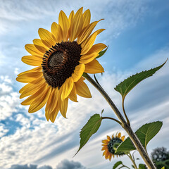 Bright sunflower blooming under blue sky with scattered white clouds