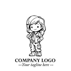 Black and White Chibi Girl Standing in Jacket, Pants, and Boots. Simple Bold Vector Illustration
