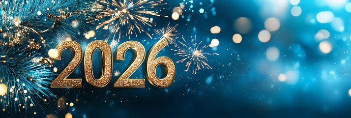 2026 Happy New Year deign with blue and gold sparkles and copy space