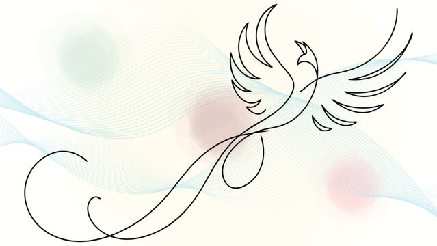 Minimalist Line Art a Phoenix Rising with Flowing Abstract Waves Pastel Circles bird elegant continuous