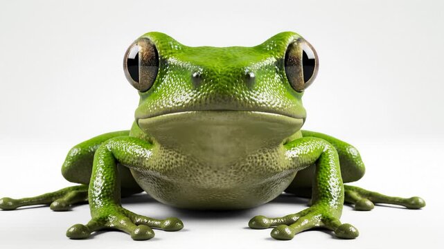 Green Tree Frog Standing on White Surface, Front View