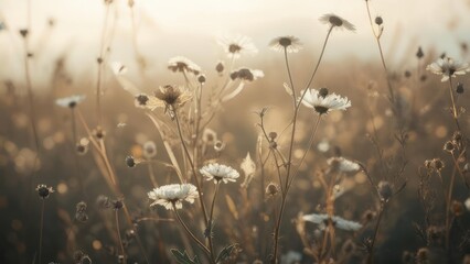 Fototapeta premium Soft-focus sunrise illuminates a field of wildflowers