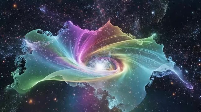 Celestial art swirling rainbow hues encircle a bright cosmic vortex amid starry nebulas
