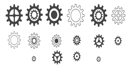 Set of gears, cogwheels. Black flat design element. Isolated vector illustration, transparent background. Asset for overlay, montage, collage, presentation. Business and technology concept