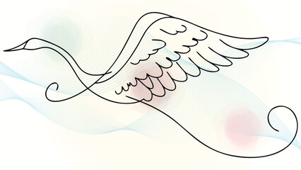 One line drawing a flying swan with abstract wavy elegant continuous soft splashes bird © Joy