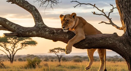Resting lioness perched atop a tree branch during golden hour in savanna