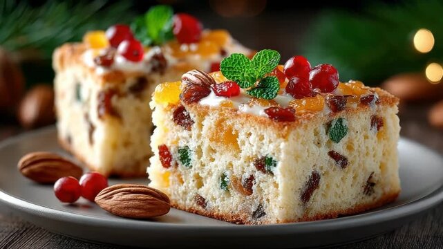 Close-up view of a Brazilian fruitcake displayed on a rustic wooden serving board, adorned with a variety of vibrant candied fruits, cranberries, nuts, and fresh mint leaves