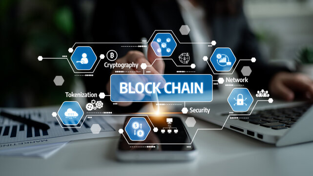 A modern visualization of blockchain technology highlighting key elements like security, network, and tokenization on a smartphone, symbolizing digital innovation. Tessel - Powered by Adobe