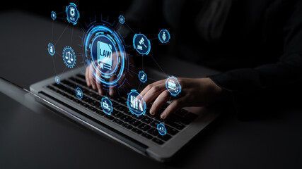 Law icons illustrate justice, court, and regulation system. Law represents fairness, law supports...