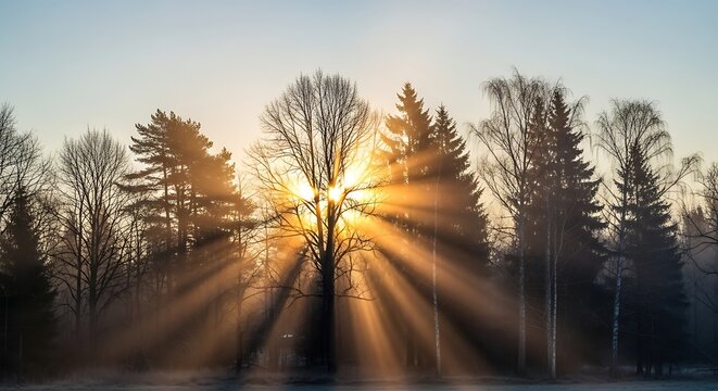 Radiant sunbeams piercing through the forest canopy during winter season
