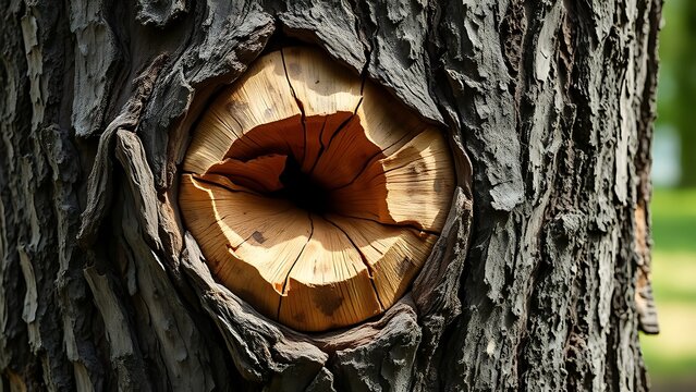 custodianship. Close-up of tree trunk with abnormal swelling and torn bark, textured botanical imperfection. gardening catalogs, home-decor guides, designed for gardening and botanical catalogs.