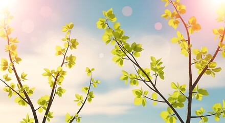 Natural spring branches composition, short and long twigs with fresh light-green leaves, glowing sunlight and bokeh, pastel sky