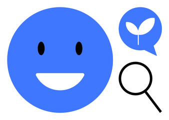 Blue happy face expressing positivity, black magnifying glass signifying search, speech bubble with green leaf symbolizing growth and eco-awareness. Ideal for positivity, exploration, sustainability