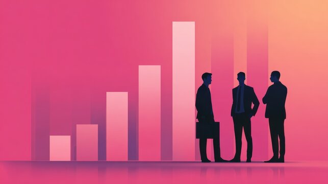 Three silhouetted figures discuss rising bar graph progress against a gradient backdrop