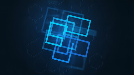 Abstract glowing blue square shapes overlapping and creating a futuristic digital geometric pattern on a dark background