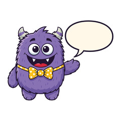 Purple Furry Monster with Bow Tie and Speech Box – Adorable Flat Cartoon