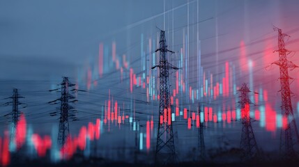 Electrical power transmission towers silhouetted against a dusky sky with superimposed financial market graphs
