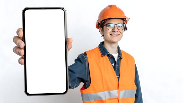 Smiling construction worker in orange vest showing smartphone Mockup. Technology in engineering concept.