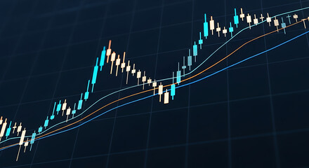 Naklejka premium Stock market candle chart showing an upward trend with moving averages displayed on a dark blue grid.