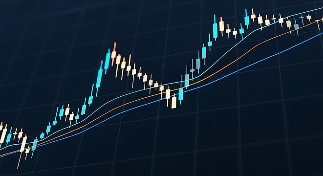 Stock market candle chart showing an upward trend with moving averages displayed on a dark blue grid. - Powered by Adobe