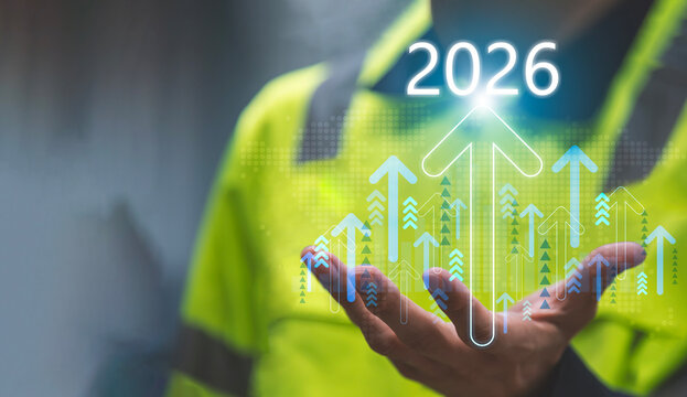 Business Growth and Innovation Vision 2026 — Future Success Concept, A person wearing a safety jacket holds out a hand with digital upward arrows and the glowing number "2026" floating above it. 