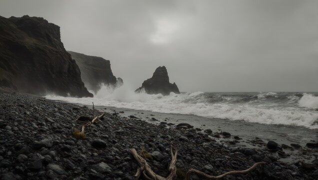 Rugged coastal scene Dramatic grey waves crash against a rocky shore under a stormy sky