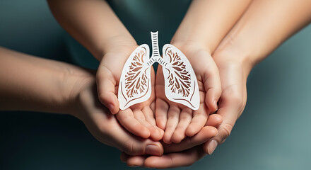 Child s and adult s hands holding paper lungs, representing respiratory health and protection.