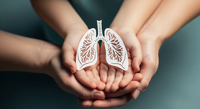 Child s and adult s hands holding paper lungs, representing respiratory health and protection.