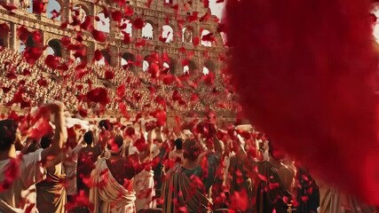 In the heart of ancient Rome, a thrilling event unfolds as thousands cheer joyfully. Red petals cascade from above, creating a breathtaking atmosphere of festivity and excitement.