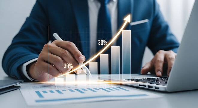 Businessperson analyzing financial charts with 30% growth projection using laptop and stylus for data analysis and strategic planning.